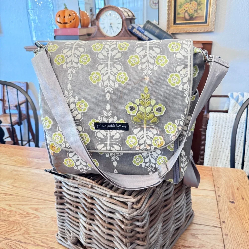 Petunia Pickle Bottom Boxy Backpack Diaper Bag Grey Lime Green Floral Glazed